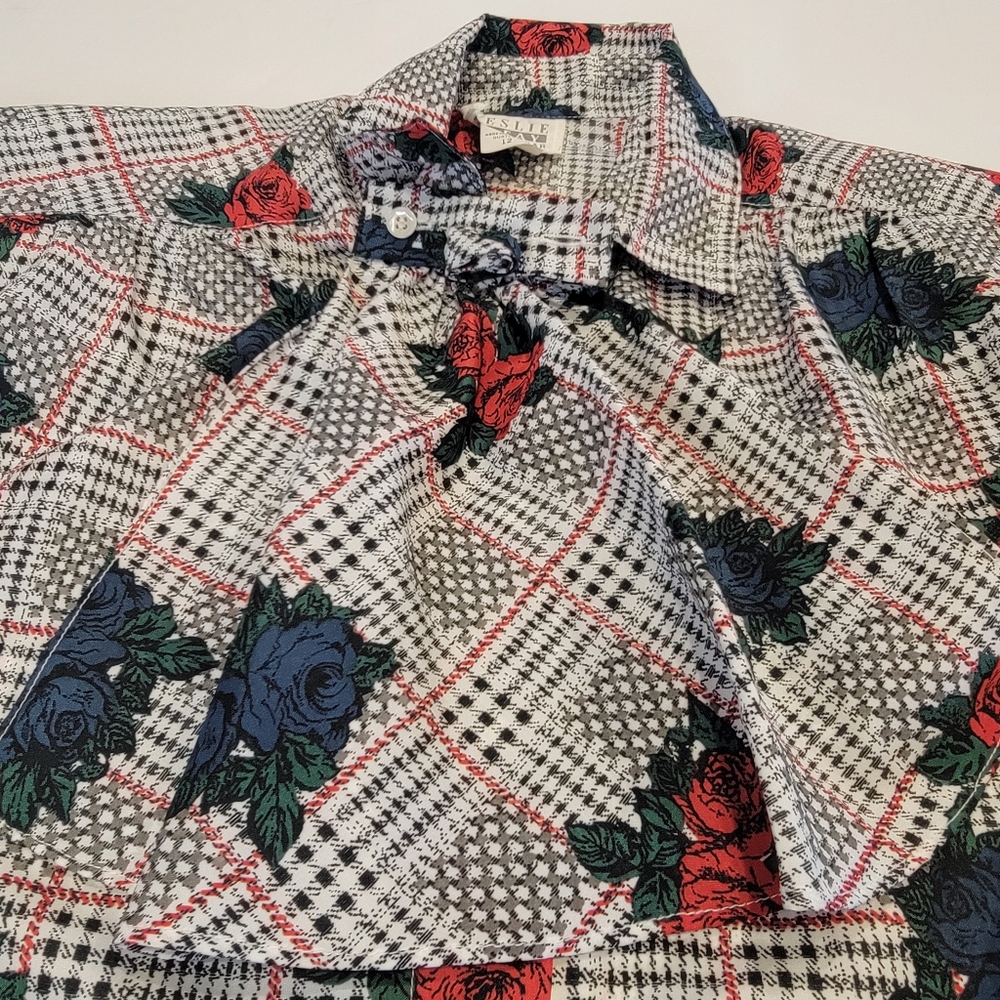 Vintage Leslie Fay Sportswear Floral Gingham Puff Sleeve Tie Button Up Top NWT! - Picture 6 of 16